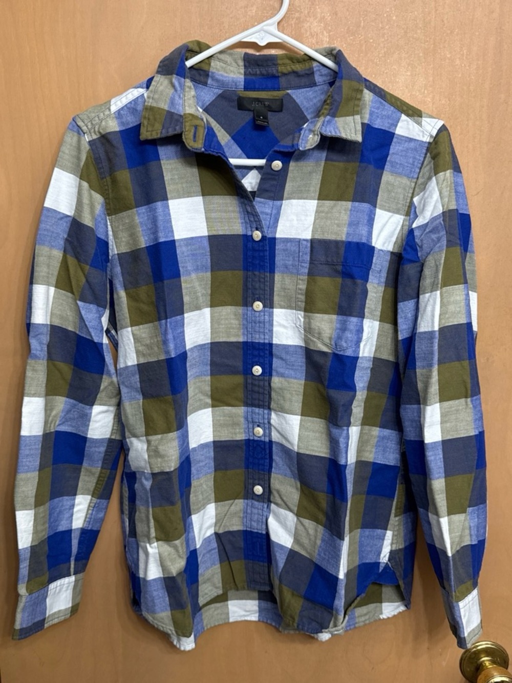 J. Crew Olive, Blue and White Plaid Button-Down Shirt